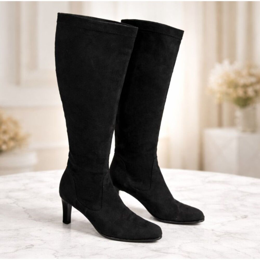 Cole Haan Boots Knee High Black Suede Heels with Box Womens Sz 6 B Retails $398